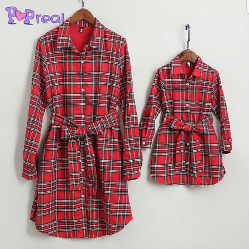 Plaid Red Button-Front Shirt Dress with Belt adult